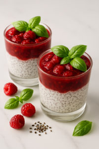 chia pudding framboise et basilic en verrine