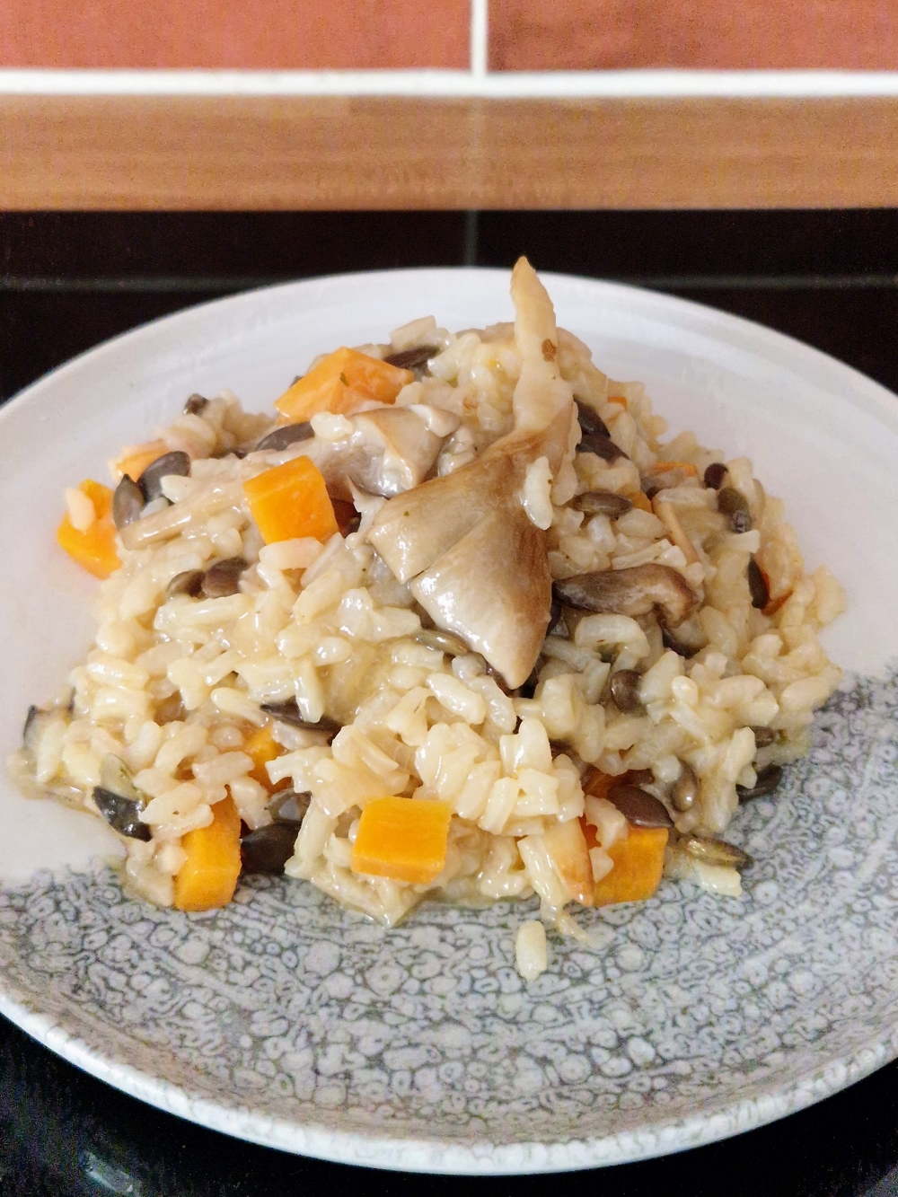 Risotto de patate douce, pleurottes et graines de courge